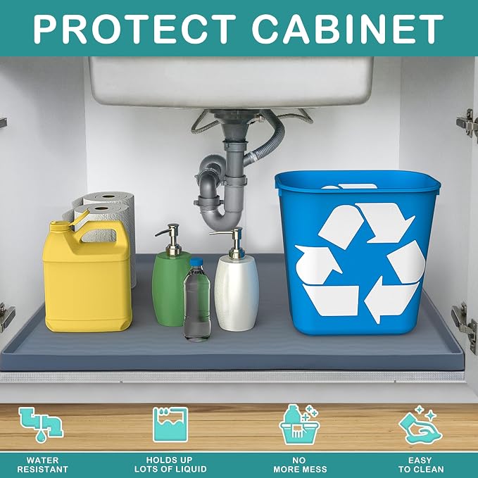 URMONA Waterproof Silicone Under Sink Mat 25'' x 19'' Shelf Liner for Kitchen and Bathroom, Cabinet and Counter Protector, Storage and Organizers, Litter Mat, Pet Cat Puppy Essentials(Dark Grey)