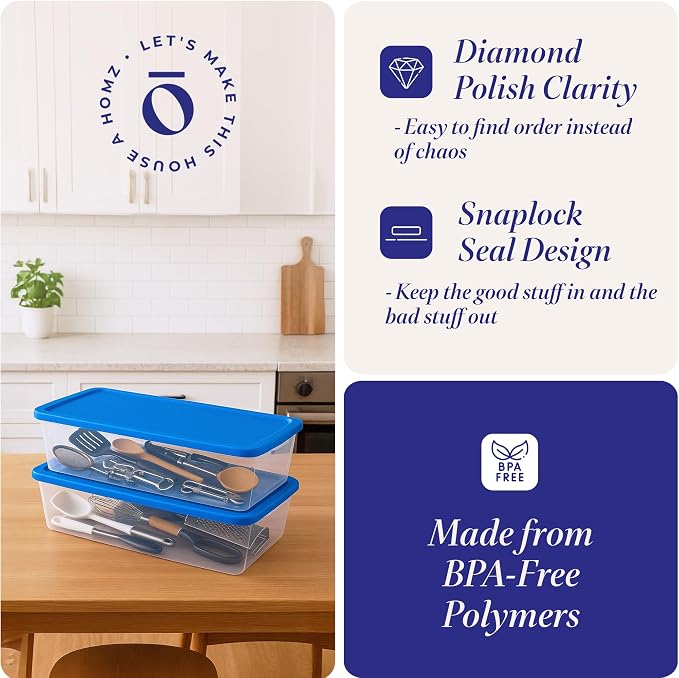HOMZ 2-Pack Snaplock, Large Clear Plastic Storage Organizer Bins w/Lids, 41 Quart, Blue - Stackable Container Boxes for Bedroom, Bathroom, Garage, and Office Organization