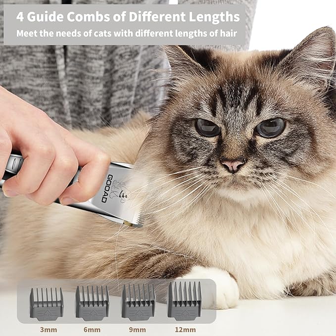 Cat Clippers for Matted Hair, Cordless Low Noise Pet Shaver & Grooming Kit with Paw Trimmer for Dogs and Cats, Professional Detangler for Thick Coats (Silver)