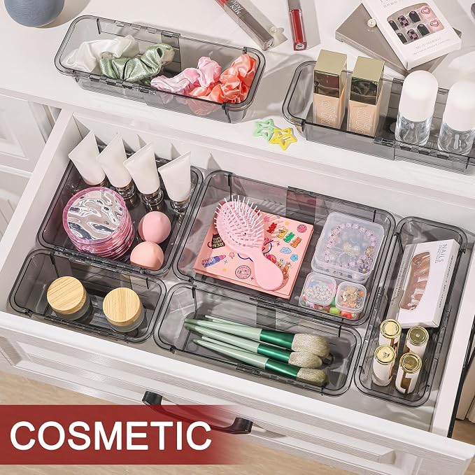 8 PCS Black Expandable Drawer Organizer, Large Drawer Organizers and Storage, Vanity Dividers, Acrylic Storage Bins for Makeup, Jewelry Gadgets for Kitchen, Bedroom, Bathroom, Office