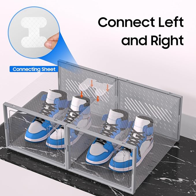 Large Shoe Organizer Storage Box with Magnetic Door,12 Pack Clear Plastic Stackable Sneaker Containers for Closet, Connect Left and Right Shoe Box for Entryway, Drop Front, Under Bed (Grey)