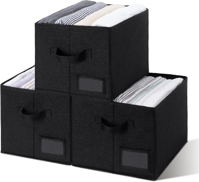 GRANNY SAYS Closet Storage Bins with Label, Black, Large, 3-Pack | Storage for Closet Shelves, Fabric Storage Bins for Clothes, Closet Organization Bins, Collapsible Storage Bins