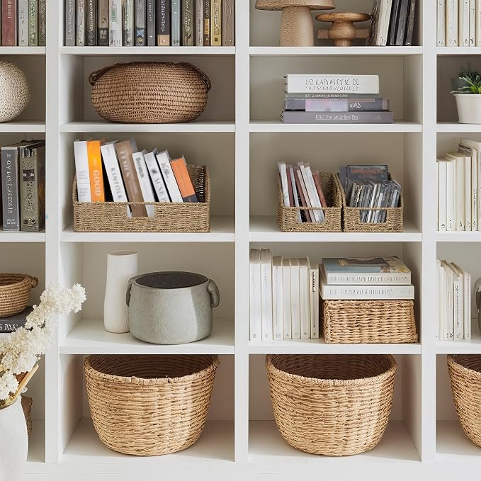 StorageWorks Seagrass Storage Baskets, Pantry Organizers and Storage,3-Pack | Pantry Storage Baskets, Wicker Baskets with Built-in Handles, Handwoven Shelf Baskets for Organizing, Pantry Organization