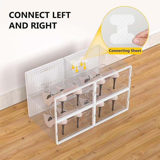 12 Pack Large Stackable Clear Plastic Shoe Storage Boxes Organizer, White | Easy to Assemble and Stack, Fit Size 9, Ventilated Dust-Proof, For Sneaker, Closet, Entryway, Under Bed, Replace Shoe Rack