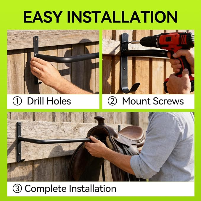 4Pcs Heavy Duty Horse Blanket Rack with Bridle Hooks | Wall Mounted Blanket Bar, Saddle Pad Rack for Horse Blanket Storage, Ideal for Horse Stall, Tack Room, Stable & Barn, Black