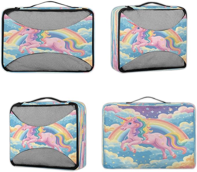 4 Set Packing Cubes for Travel, Rainbow Unicorn Packing Cubes for Women, Travel Luggage Packing Organizers, Packing Cube Set, Unicorn Cartoon