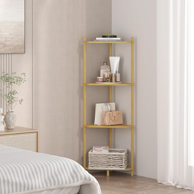 Wisuce Natural Small Corner Shelf Stand, 4-Tier Bamboo Corner Bookshelf | Space-Saving Narrow Corner Shelf | Bathroom Corner Shelf | Shelves for Bedroom, Living Room, Kitchen & Plant Display