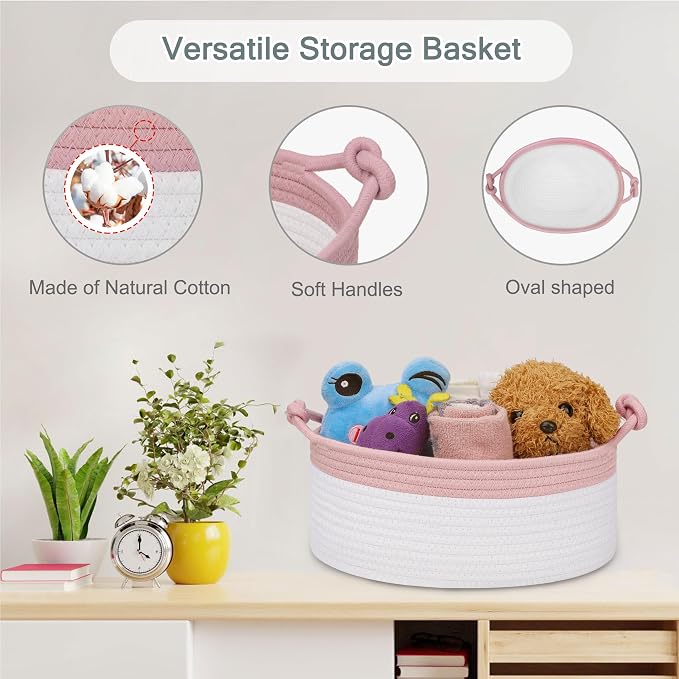 COMSE Small Gift Basket Empty with Bag & Ribbons, Dusty Pink & White | Cotton Rope, 12"x 8"x 5", Pet Toy Storage Organizer, Woven Basket for Birthdays, Baby Showers, Mother’s Day, Valentine’s Day