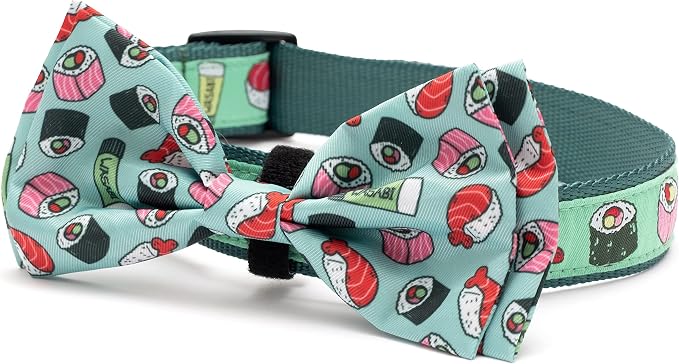 THE WORTHY DOG Food & Sport Print Pet Bow Ties for Dogs & Cats, Sushi | Stylish, Soft Printed Polyester Pet Bow Tie, Attach to Any Collar Easily with Touch Fastener, Sushi, Mint Green, Large