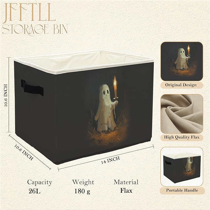 Halloween Ghost Storage Bins with Handles, Halloween Room Decor, Cute Spooky Ghost Candle Collapsible Laundry Basket Storage Box for Home Bedroom Bathroom Clothes Toys Books