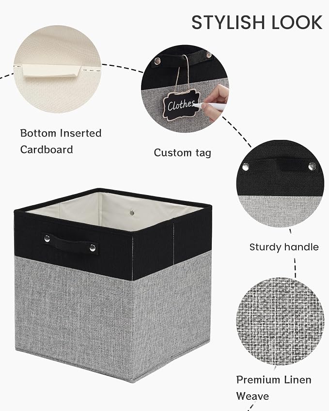 FinishingBo 13 inch Cube Storage Bins with Handles 6 Pack | Foldable Linen Storage Baskets, Closet Organizers, Shelf Baskets, Black Grey