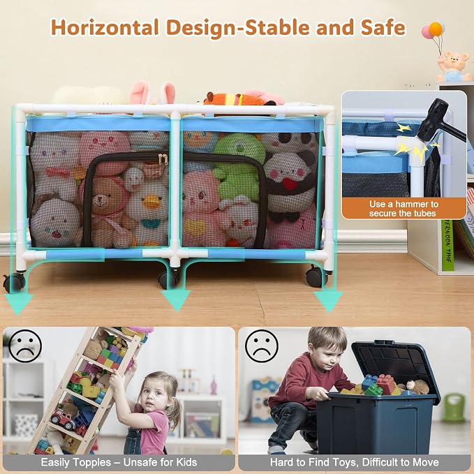 FIOBEE Toy Box for Girls Boys with See-Through Mesh & 360° Rotating Wheels | Kids Toy Chest Organizer, Stable Structure & Easy Install, Extra Large Storage Bin for Clothes, Ball, Pet Toys, Swimming Ring