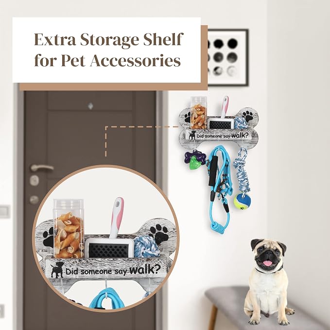 J JACKCUBE DESIGN Rustic White Bone Shape Wall Mounted Dog Leash Holder with 3 Key Holder Hooks and Extra Storage Compartment Box Shelf for Pet Treats, Accessories and more - MK679A