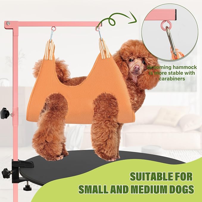 getlstub Dog Grooming Arm with Pet Grooming Hammock, 35" Pet Grooming Table Arm with Adjustable No Sit Haunch Holders, Dog Grooming Stand with Loop Noose for Small and Medium Pets, Pink