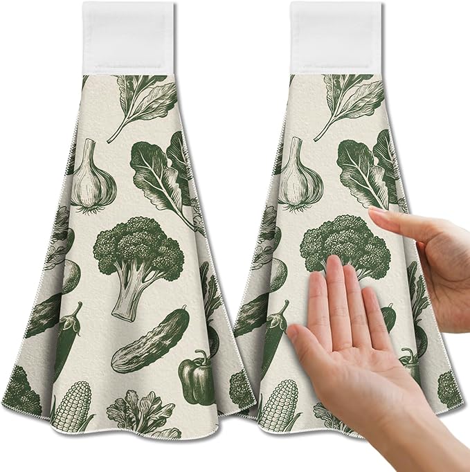 CUTHOLLOW Fruits Vegetables Hanging Kitchen Towels with Loop, Set of 2 - Soft & Super Absorbent Microfiber Decorative Hanging Dish & Hand Towel, Tea, Coffee Towel for Kitchen Bathroom Oven Handle