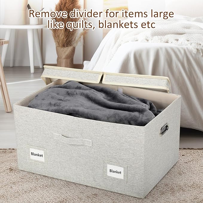 Storage Bins with Lids Fabric Closet Organizers Cubes Office Organization | 75 Quarts 1 Pack Beige Collapsible Stackable Linen Fabric 4 Handles Bedroom Closet Cabinet Under Bed Clothes Toy Office File