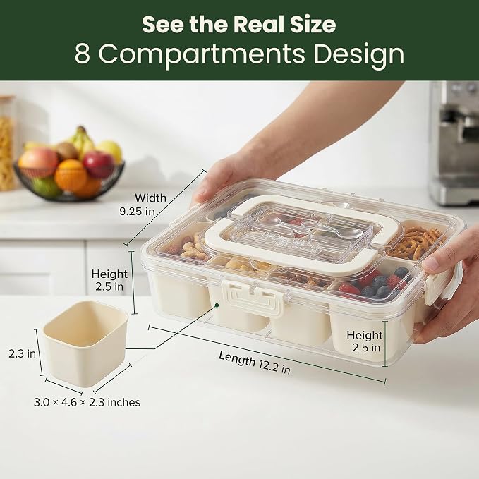 Snackle Box Container 2 Pack | Snack Box Container with Lid, BPA-Free 8-Compartment Divided Serving Tray & Snack Tray with Built-In Utensil Tray | Snack Tackle Box Organizer for Adults & Kids