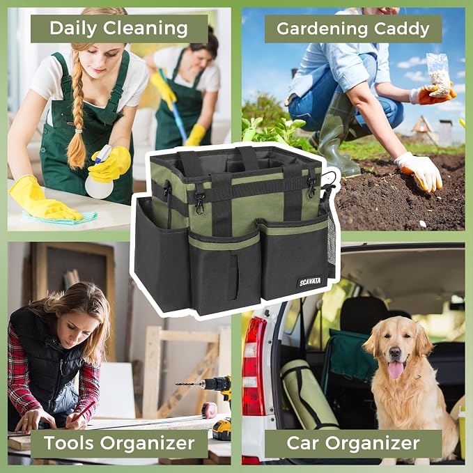 SCAVATA Compact Wearable Cleaning Caddy with Handle & Shoulder Straps | Small Cleaning Supplies Organizer, Under Sink & Car Cleaning Tools Storage Bag for Housekeepers Cleaners, Armygreen