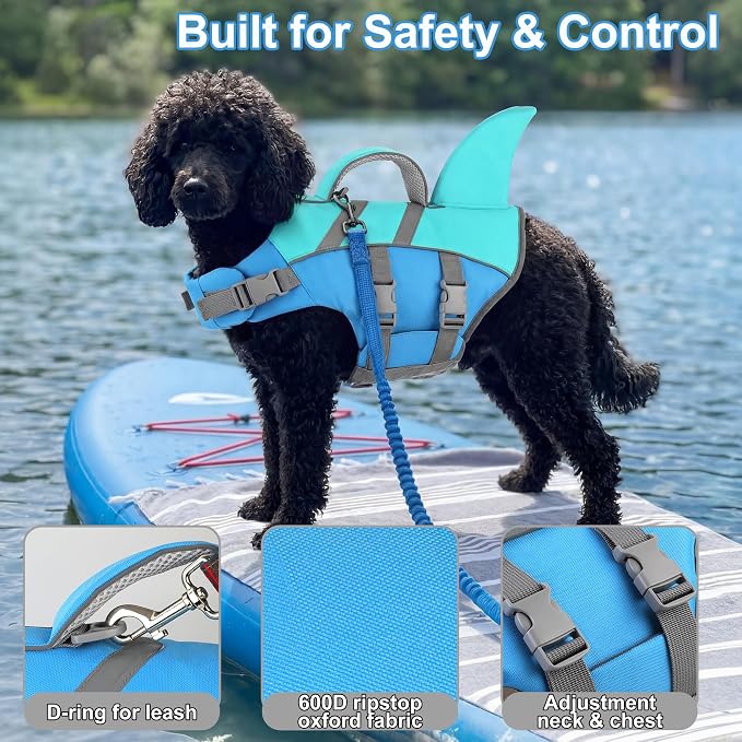 Dogcheer Harness-Style Dog Life Jacket Shark, Dog Life Vest - Pine Grn,M | Reflective Puppy Swim Vest for Swimming Boating, High Buoyancy Adjustable Dog Water Vest for Small Medium Large Dogs