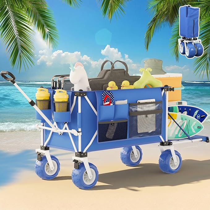 59"L Beach Wagon with 9×4" Big Sand Wheels, Expandable Tailgate | Heavy Duty Collapsible Utility Cart with 9" All-Terrain Non-inflatable Balloon Wheels for Beach Camping Baseball Fishing