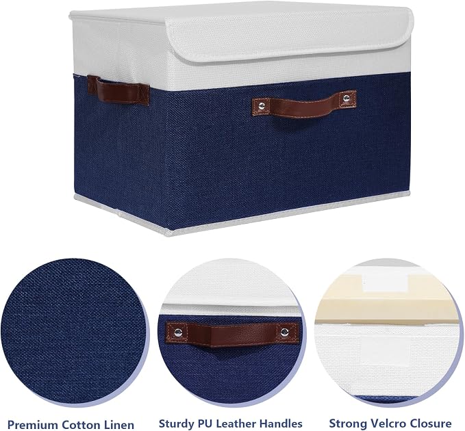 ANMINY Fabric Storage Box Bins with Lids, Blue White, 15"x10"x10" | Keepsake Memory Storage, Cotton Linen, PP Board Reinforced, Washable, PU Handles, Foldable & Stackable, Decorative, Large