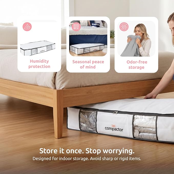 Compactor Under Bed Vacuum Storage Bag with Semi-Rigid Box, Closet Organizer, Vacuum Seal Bags for Clothing and Bedding, Fits All Vacuum and Nozzle Types, 190L, White, XL