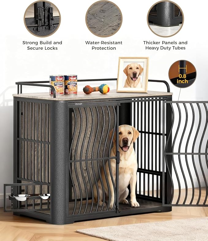48 Inch Large Dog Crate Furniture, Heavy Duty Wood Dog Kennel Furniture Indoor for Large and Medium Dogs, Pet Crate Furniture with Adjustable Rotating Hanging Bowl and Table, Grey