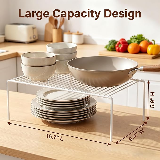 Set of 6 Large (15.7 x 9.4 Inch) Kitchen Cabinet Organizer Shelf, Wire Freezer Storage Shelves Rack, Rustproof Steel Metal Shelf Riser for Dish Plates Pantry Cupboard Organization, White