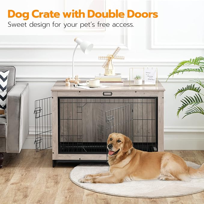 HOOBRO Dog Crate Furniture, 38.6" Large Dog Kennel Indoor, Wooden Cage with Pull-Out Tray, Double Doors Pet House Side End Table for Large/Medium/Small Dogs, Greige BG982GW03