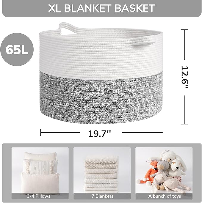 INDRESSME Large Woven Rope Blanket Basket Living Room Light Grey, 65L | 19.7" x 12.6" Storage baskets for laundry, toys & pillows. For living room, bedroom or nursery decor. soft-touch, gift basket