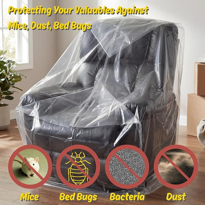 Wowfit 4mil Furniture Cover for Moving, Chair Storage Bag, 34Wx42Dx65/48H | With Tape Strips & Labels, Clear, Heavy Duty, Waterproof, Dustproof, Reusable, Recliner/Accent Chair, Patio/Garage, Pet Guard