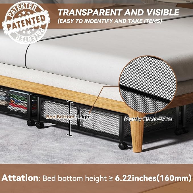 Under Bed Storage with Wheels & Handle,Sturdy Metal,2 Pack,Black | Tool-free assembly, glide smoothly, easy reach, foldable, maxmazie low-profile beds, dorm, keep seasonal clothes, shoes fresh