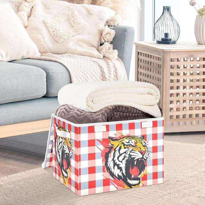 Fabric Storage Bins with Lid Tiger Foldable Storage Boxes 40L Baskets | Foldable & Stackable, Flip Top Dust Guard, Reinforced Handles, Home & Bedroom, Clothes & Toys, Animal Print Basket