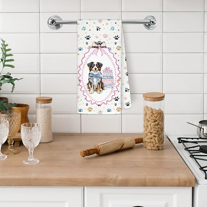 Blue Chinoiserie Australian Shepherd Dog Kitchen Towels, Aussie Dog Gifts Dish Tea Towels for Kitchen Decor, Coquette Pink Bow Aussie Hand Towel for Bathroom Decor, 16x24 Inch