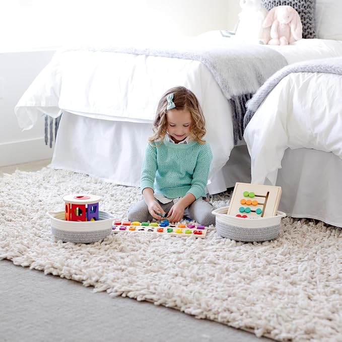 NaturalCozy 5-Piece Round Woven Cotton Rope Storage Baskets for Organizing, Small Shallow Nesting Set for Montessori Toys, Entryway Catchall, Fruit Bowl, Key Tray, Remote Holder, Nursery & Pet Toys