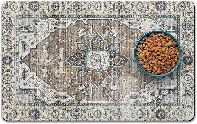 Dog Food Mats for Floors, Absorbent and Quick-Drying Pet Cat Food Mat,Anti-Fouling and Easy-to-Clean Pet Feeding Mat,Dog Bowl Mat for Messy Drinking Water Bowls.12 x20, Bohemia Style