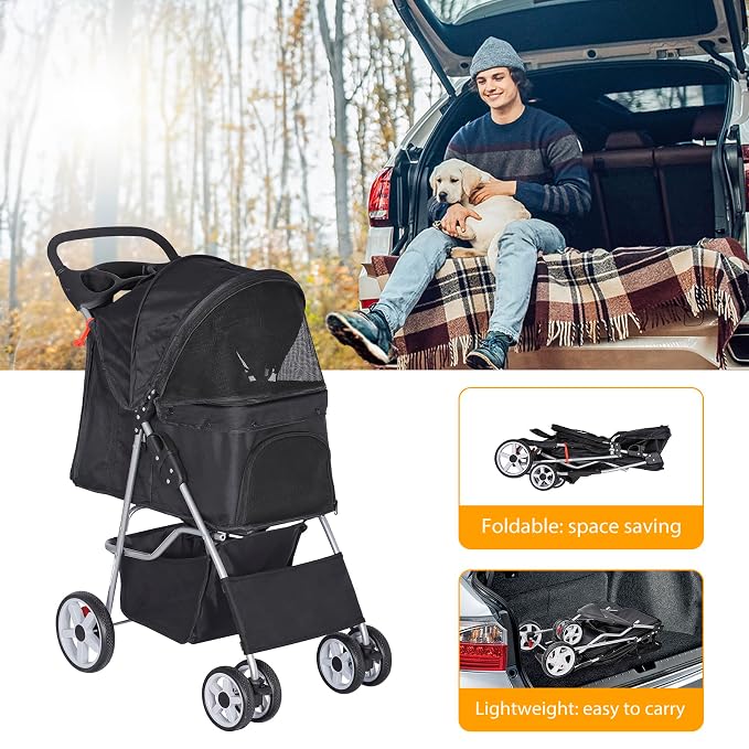 4 Wheels Dog Stroller Folding Pet Strolling Cart for Small Medium Cats Puppies Portable Jogger Travel Camping Puppy Carrier with Storage Basket Cup Holder, Black