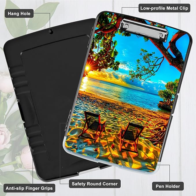 Beach Sunset A4 Clipboard with Storage Pen Holder, Clipboards Organizer Nursing Clipboard Foldable File Folder Plastic Clipboard Folio Clip Board for Office Students Classroom Doctor