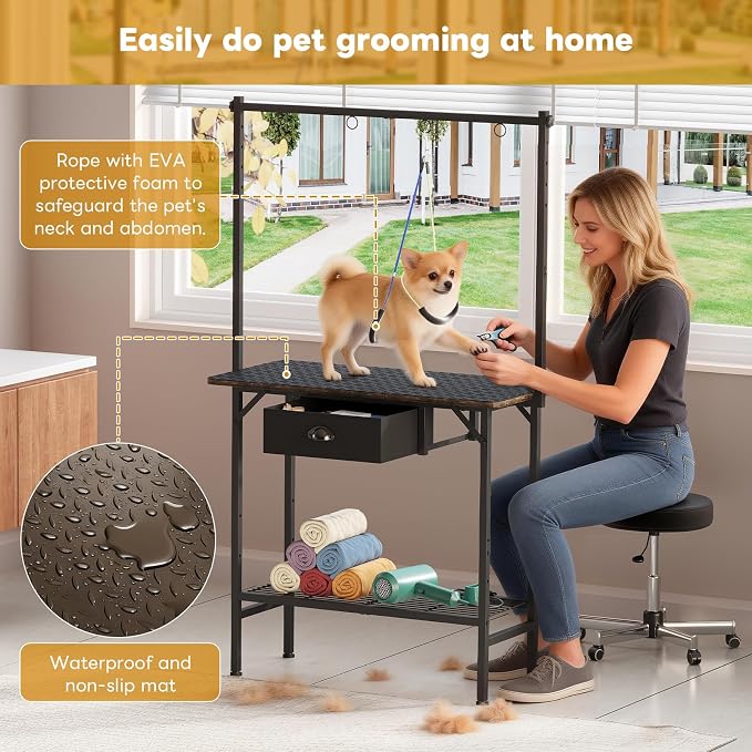 Dog Grooming Table with Drawers and Mesh Tray,32 Inch Adjustable Pet Grooming Table with Non-slip Removable Washable Mat and EVA Protective Lanyard ,Professional Grooming Table for small Dogs at Home