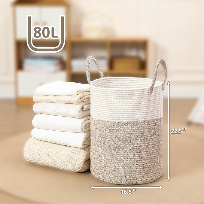 80L Large Woven Laundry Basket Hamper, 100% Natural Cotton Rope, Handwoven & Durable, Storage for Blankets, Toys, Clothes, Nursery Hamper for Living Room, Baby Room, Bedroom (Brown and White)