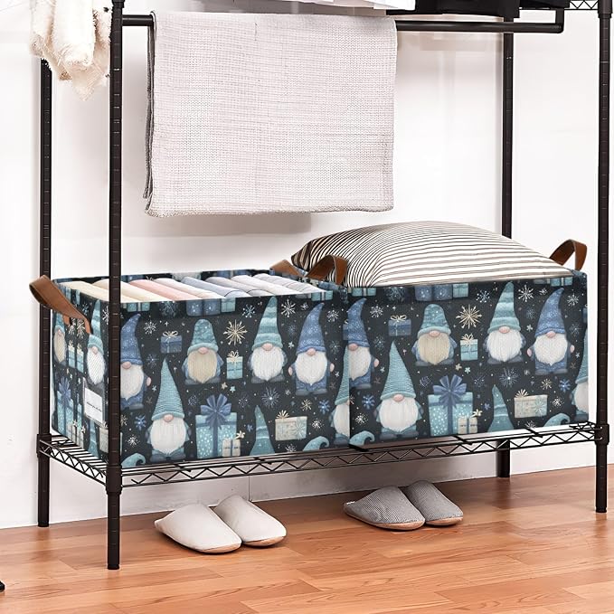Snowflake and Gnome Winter Gift Storage Basket Foldable Cube Storage Bins with Handles&Label Waterproof Organizer Box Bin Large Rectangle Decorative Baskets for Shelves Home Room Laundry-2 Pack