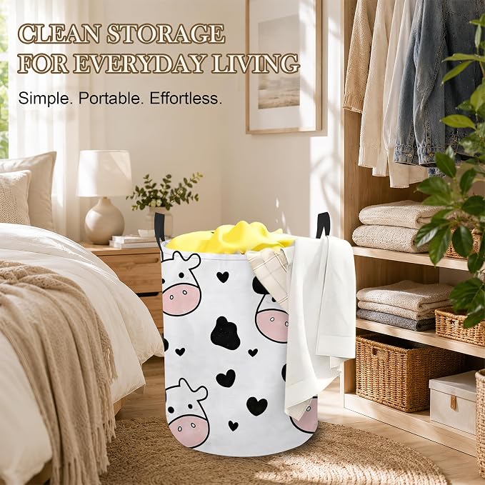 Cute Cow Laundry Hamper, Black Hearts Laundry Baskets, Waterproof Oxford Cloth for Room/Bathroom/Bedroom/Dormitories 16x20.8 Inch