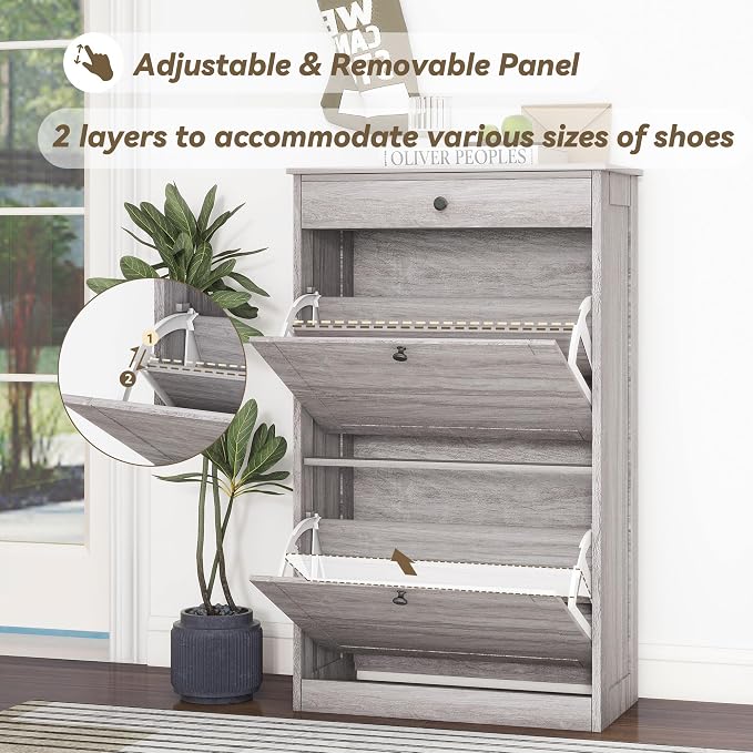 FTZxHKLX Shoe Rack Cabinet 2 Flip Drawers, Entryway Shoe Storage, Wash Grey | Narrow Shoe Cabinet Organizer with Top Drawer, Freestanding Hidden Shoe Organizer for Entryway , Hallway, Foyer