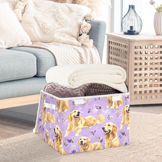 Art Golden Retriever Dogs Purple Storage Bins Bins For Organization With Handle for Pack Moving