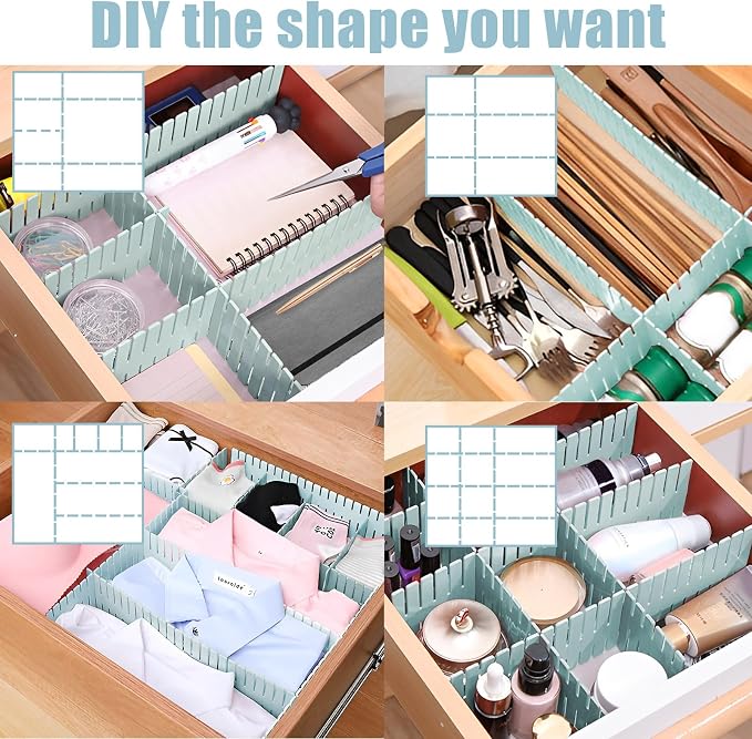 JEPELUS 40Pcs Adjustable Drawer Dividers, Drawer Separators Kitchen | 14.5x2.7In, Blue, Plastic, Drawer Divider for Bathroom Office Nursery, Baby Clothes Dresser Sock Underwear Makeup Storage
