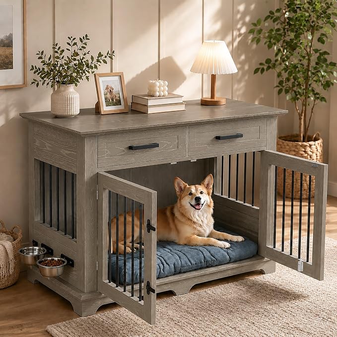 44.5" Dog Crate Furniture for Small Medium Dogs, Indoor Wooden Dog Kennel with 2 Drawers and Rotating Bowls, Decorative Pet House End Side Table TV Stand End Table (Gray)