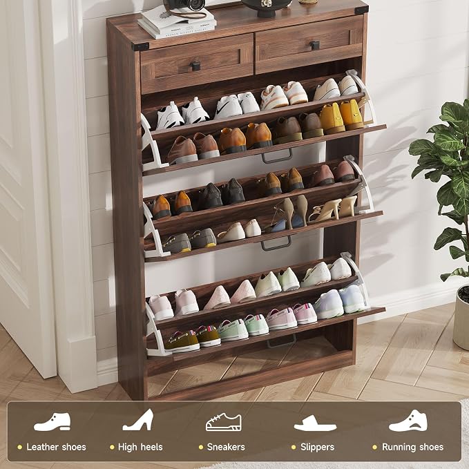 Halitaa Shoe Cabinet with 3 Flip Drawers & 2 Drawers,Freestanding Shoe Storage Cabinet for Entryway,Farmhouse Narrow Slim Organizer Rack for Foyer,Hallway,Dark Walnut