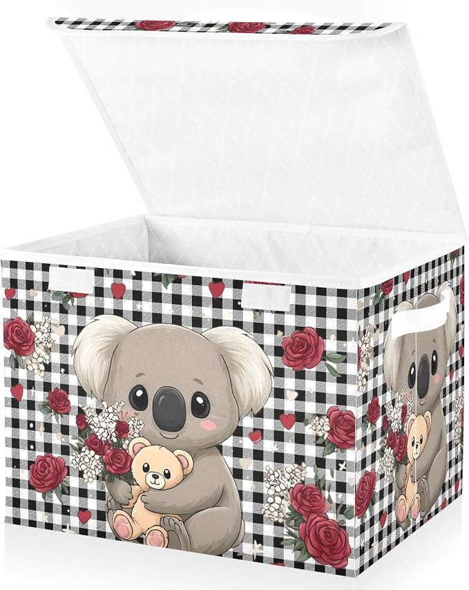 Koala Bear Rose Fabric Storage Bins with Lid Closet Storage Basket 40L | Decorative Storage Boxes, 300D Oxford Cloth, Hollow Board Frame, Flip Top Velcro Lid, 16.5x12.6x11.8 inch, Collapsible Design
