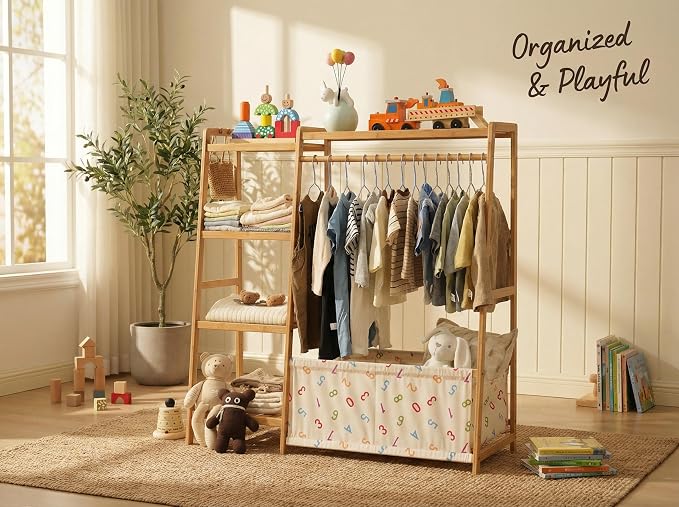 Baveke Kids Clothing Rack- Toddler Dress Up Rack with 5-Tier Open Shelves & Storage Bag, Baby Clothes Rack Small, FSC-Certified Bamboo Garment Rack & Free Standing Clothes Rack, Mini Clothing Rack