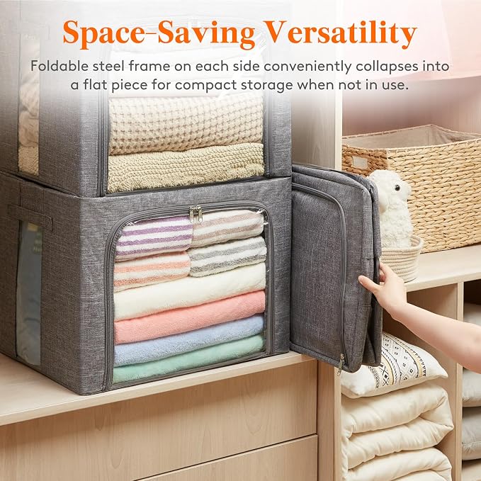 Lifewit Clothes Storage Bins with Metal Frame, Stackable Storage Box, Foldable Clothing Storage Bins with Lids, 100L Storage Bags Fabric Box Organizer with Clear Window＆ Zippers＆ Sturdy Handles 3 Pack